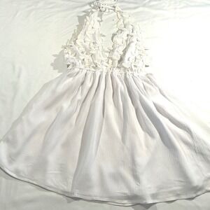 Solaris Style White Halter Mini Dress Leaf Applique Boho Summer Beach Small